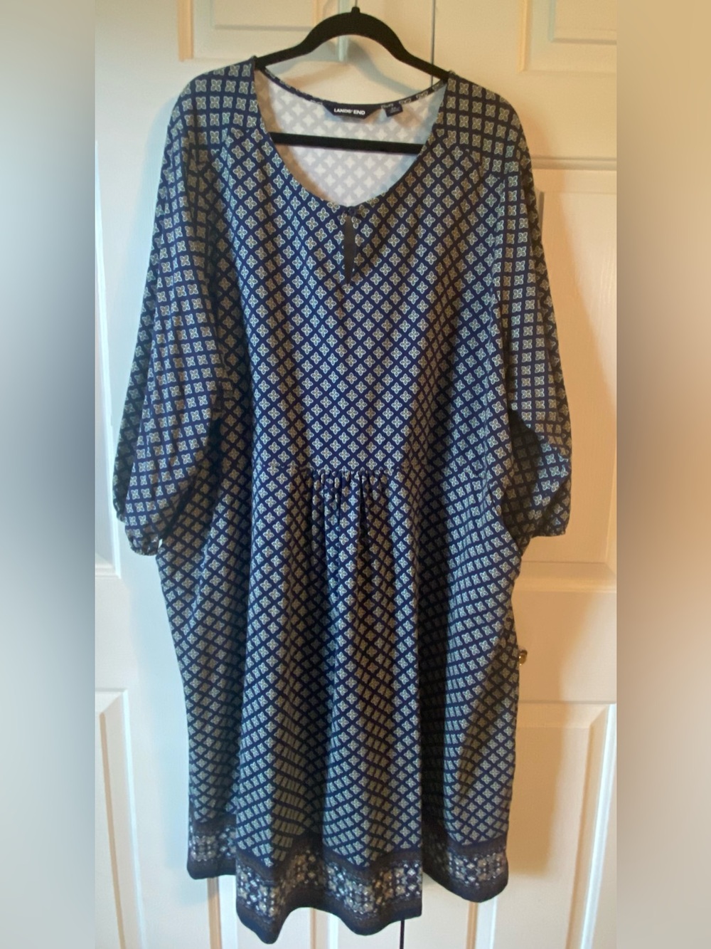 3X Land’s End Navy Medallion Print 3/4 Sleeve Midi-Dress -New Never Worn